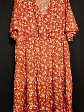 Rust Floral V-Neck Tiered Maxi Dress-Plus Size